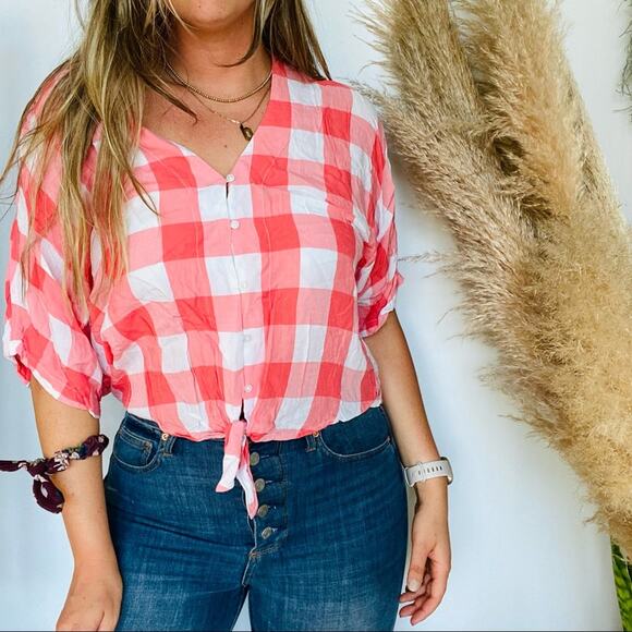 EXPRESS Pink Salmon White Checkered Picnic Button Tie Front Blouse Shirt Top S - Picture 3 of 7